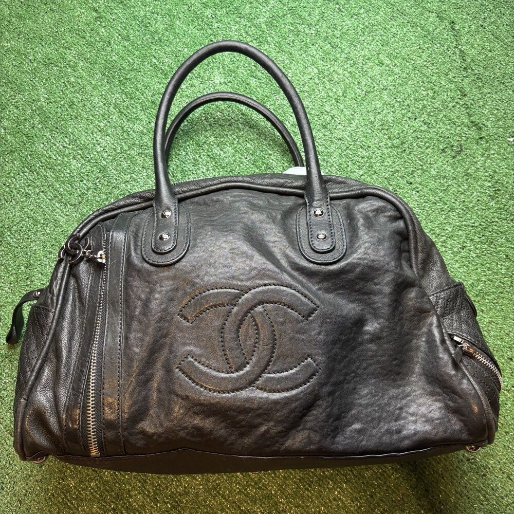 CHANEL Coco Mark Matelasse Boston Bag Travel Black Large Bowling Bag Authentic - Picture 1 of 16